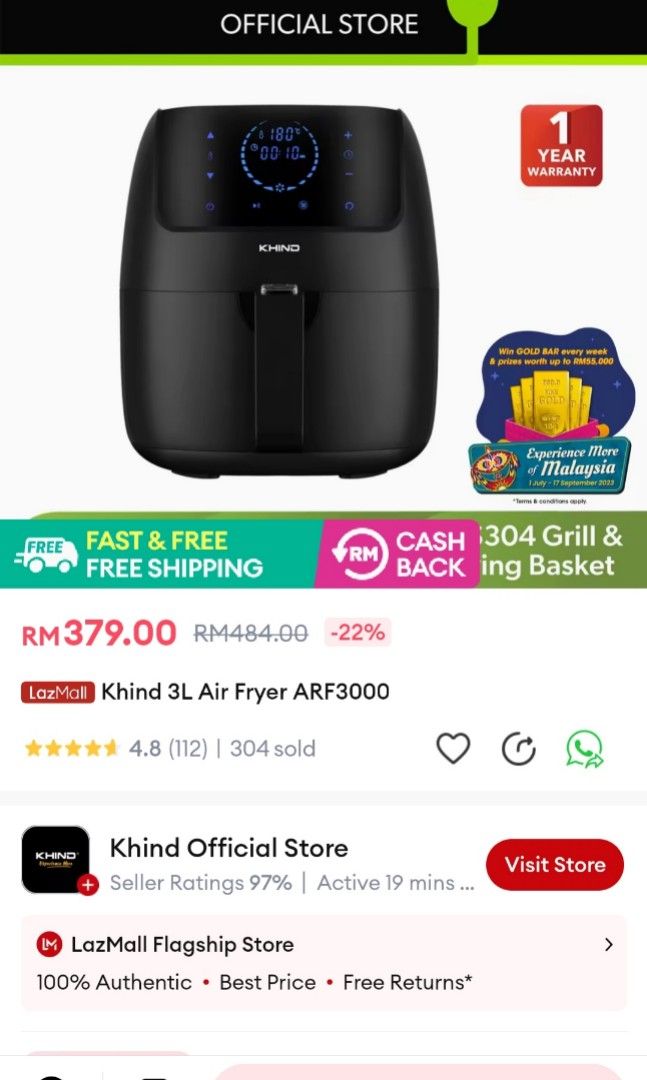 Khind air outlet fryer arf3000
