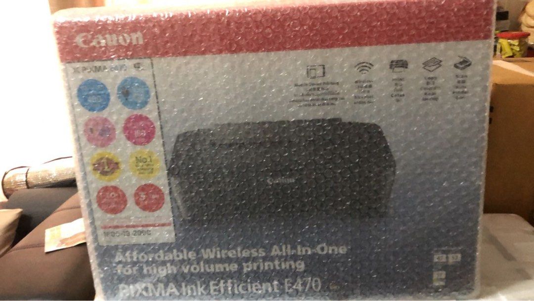 Canon printer E470 (Category: Printers, Scanners & Copiers) located in Selayang. Submitted by pkohler (Listing ID 1250152282, Image 1). Description: Brand new good color Canon printer with sealed packaging not opened before. Comes with starter ink, ready to print. Also selling spare ink catriages on 3rd picture:- Black RM30 x9 Colour RM60 x4 Take printer and all ink can discount ! Price is below retail price on Shopee/Lazada..