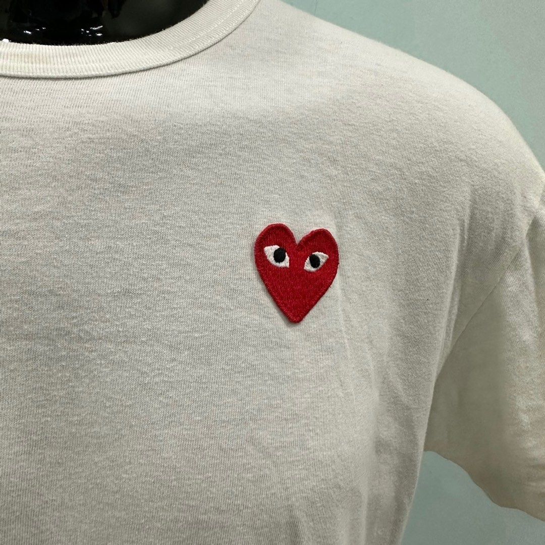 COMME DES GARCONS GARCONS CDG PLAY Men s T Shirt With Red Heart Emblem Filip Pagowski Designed Heart Motif Size XL White Men s Fashion Tops Sets Tshirts Polo Shirts on Carousell