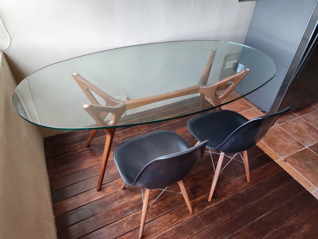 Custom made tempered glass dining table (6 pax), Furniture & Home