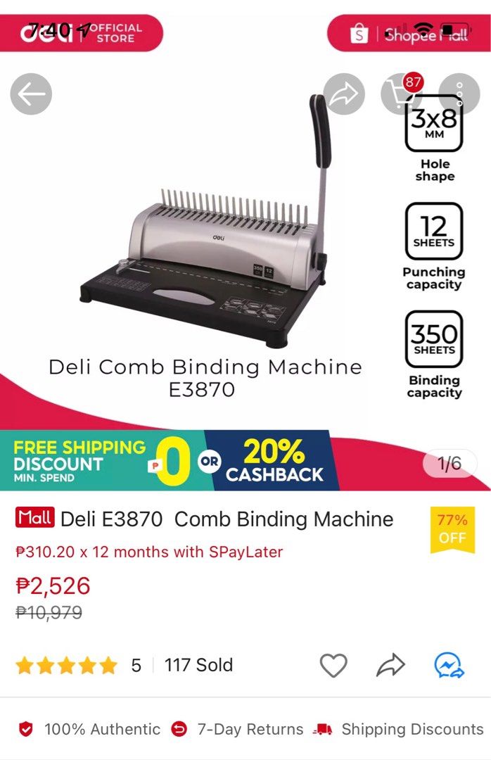 Deli Binding Machine (Category: Office & Business Technology) located in Quezon City. Submitted by moniquecloset (Listing ID 1250113974, Image 1). Description: With free PVC binding cover & spirals.