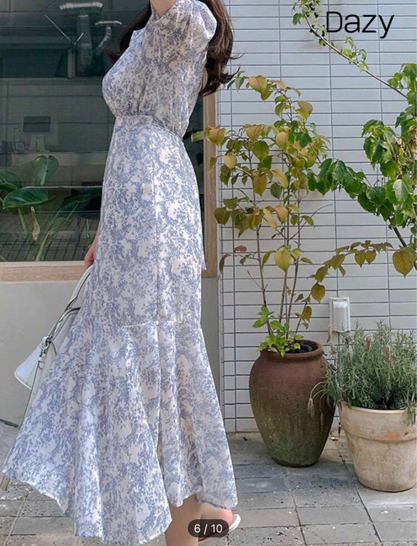 Ditsy Floral Mermaid Puff Sleeve Maxi Long Dress Women S Fashion