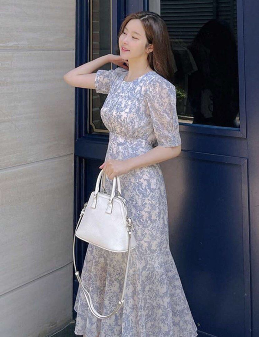 Ditsy Long Sleeve Shirred Maxi Dress Navy