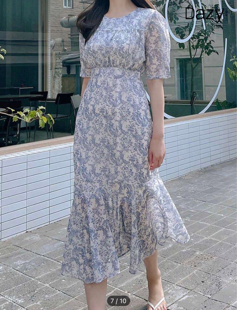 Blue Ditsy Floral Puff Sleeve Empire Waist Maxi Dress