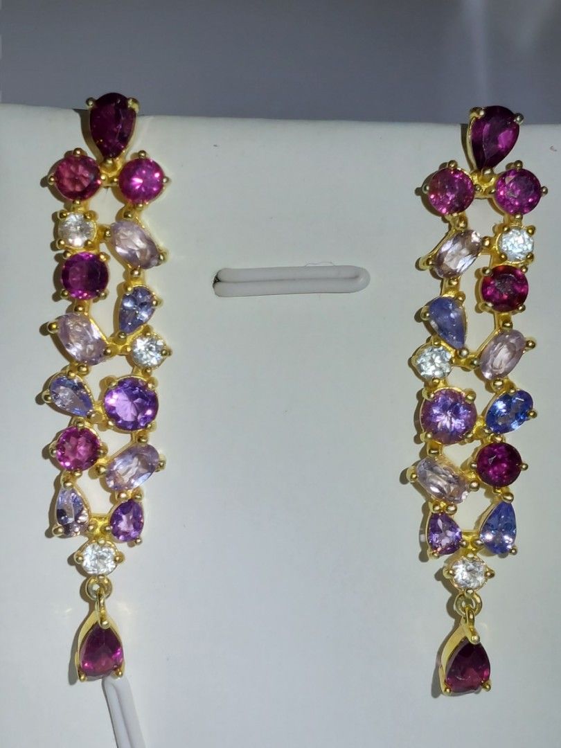 #E173 100% Natural Tanzanite & Rhodolite & Amethyst & White Topaz Earrings  14K Rose Gold Plated 925 Sterling Silver