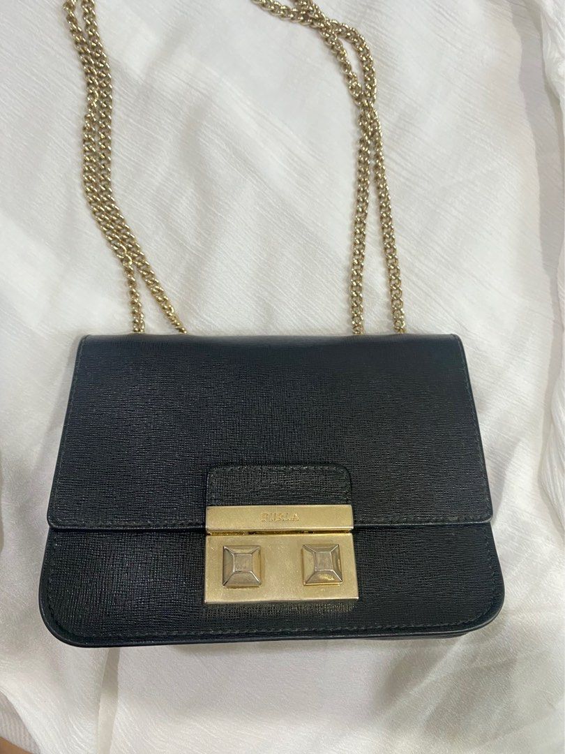 FURLA Crossbody bag with gold chain - Black, Women's Fashion, Bags ...