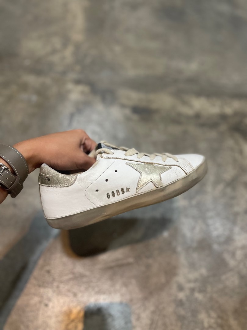 Golden Goose Superstar with gold sparkle foxing and metal stud lettering, Women's Fashion 