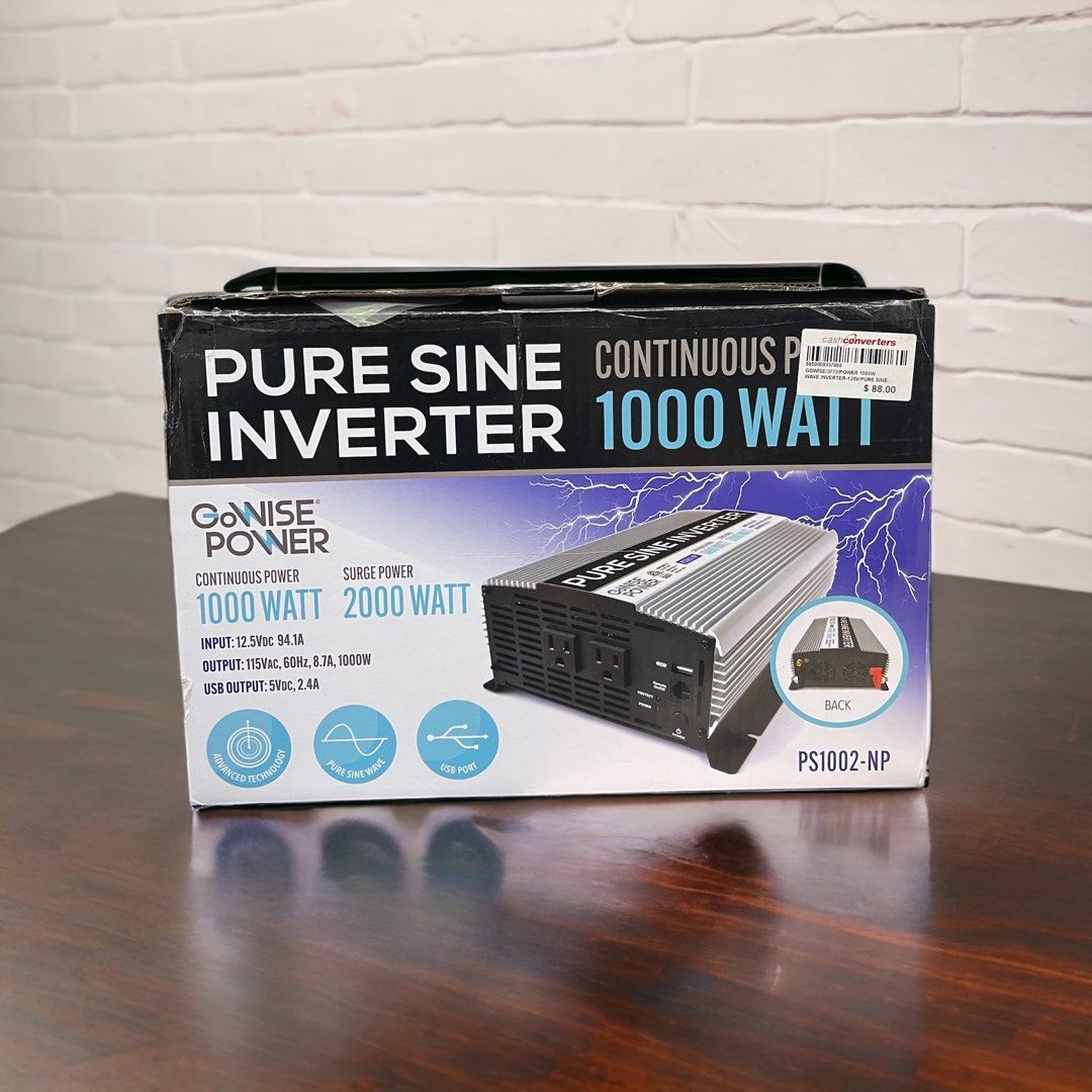 PS1002 GoWISE Power 1000W Pure Sine Wave Inverter 12V DC to 120V AC with 2  AC Outlets + 1 5V USB Port, 2 Battery Cables, and Remote Swi