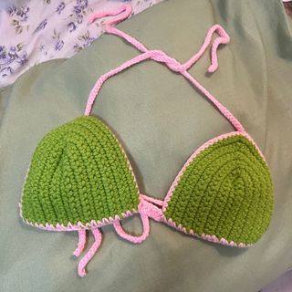 green and pink handmade crochet flora bikini top