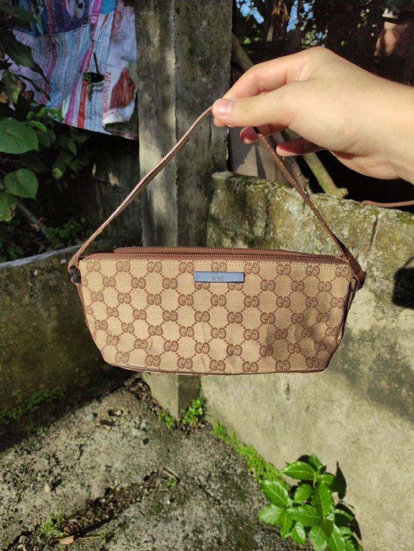 Gucci, Bags, Authentic Gucci Boat Pochette Brown Gg Monogram Canvas And  Leather