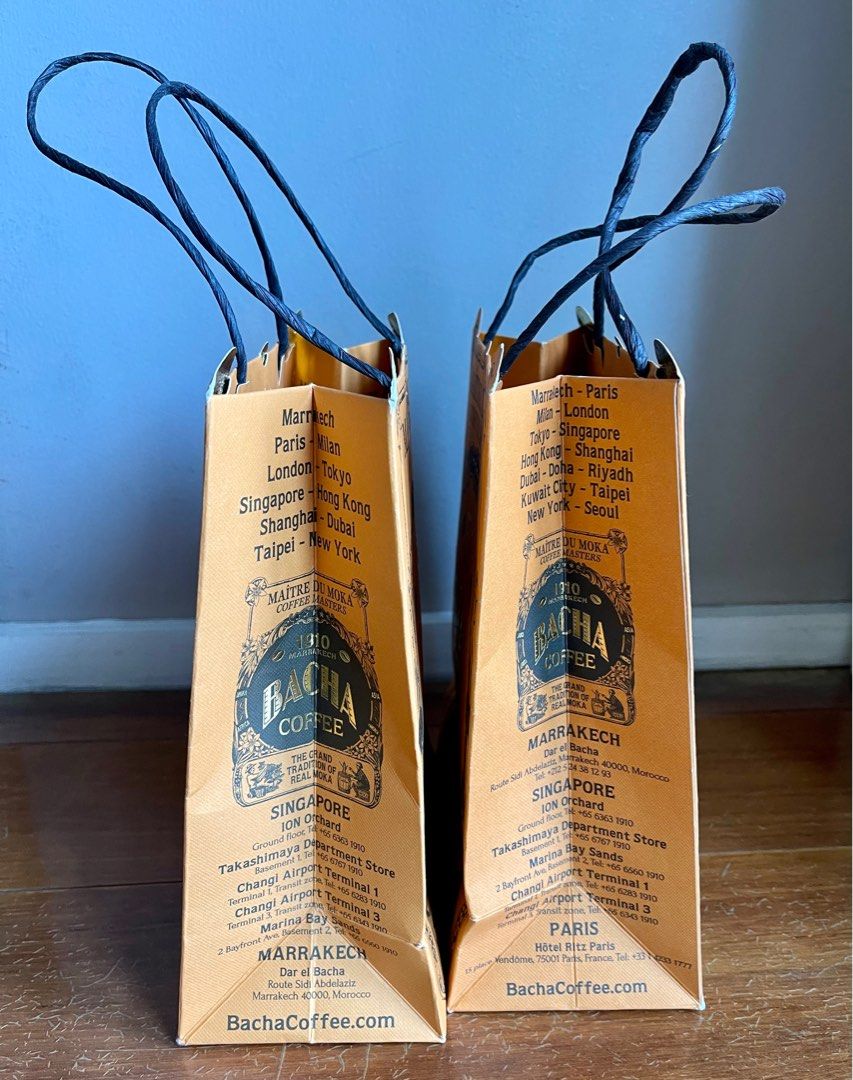 Bacha Coffee paper bag (Category: Tote Bags) located in Manila. Submitted by chinchinshaven (Listing ID 1250015867, Image 2). Description: 5 pcs available (1 sold) Dimension: Width 19.25cm Height 24cm Depth 10cm.