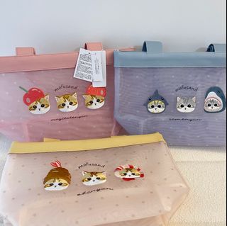 🈹Brand New mofusand Japan Proxy Purchase Popular Illustrator mofu sand shark cat Shark Cat / Cherry / Shrimp Tempura Candy Macaron Color Blue Pink Yellow Embroidery Mesh Storage Bag Handbag embroidery purse pouch bag64172662931842110