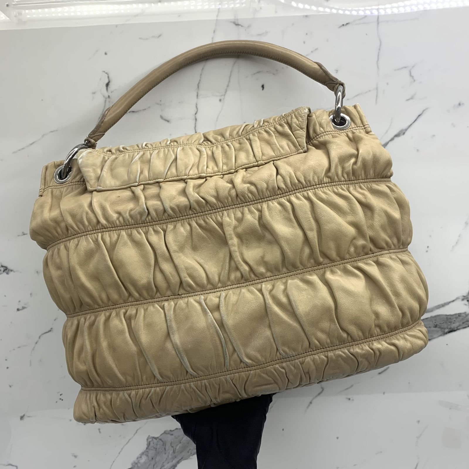 PRADA BEIGE GATHERED ONE SHOULDER BAG 237024337 WE, Luxury, Bags 