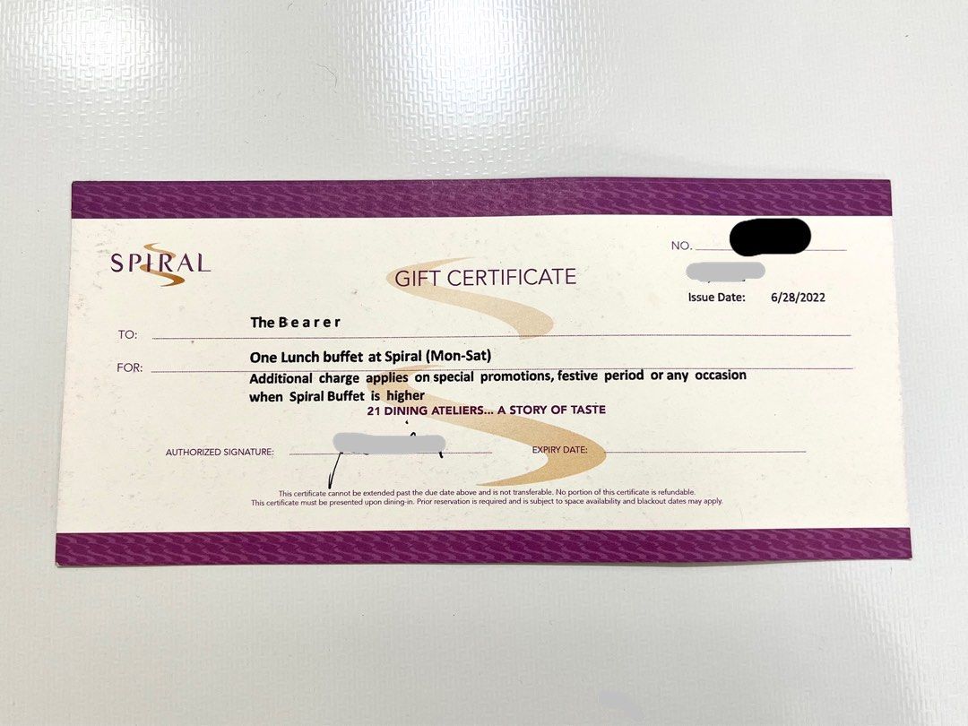 Spiral Buffet Gift Certificate for one lunch buffet Tickets Vouchers