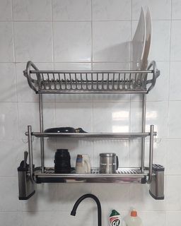 PUSDON Wall Mounted Dish Drying Rack, 3 Tier Stainless Steel Hanging Dish  Drainer with Cutlery Holder, Drainboard and Hooks, Fruit Vegetable Kitchen
