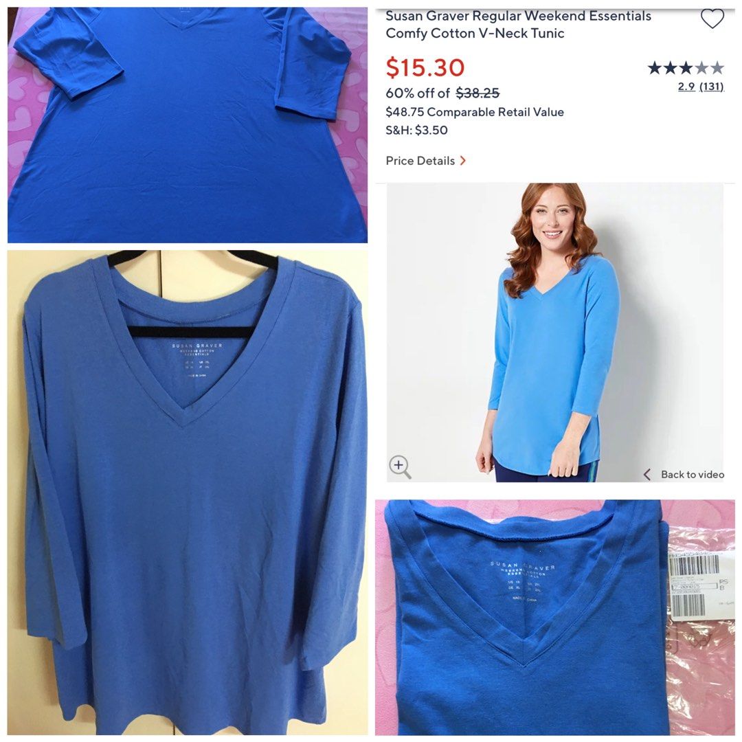 SUSAN GRAVER REGULAR WEEKEND ESSENTIAL COMFY COTTON V NECK BLOUSE