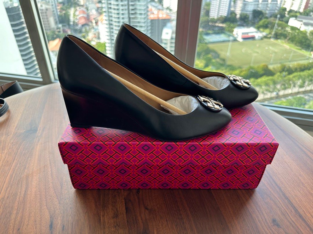 Tory Burch black leather wedges heels Women s Fashion Footwear