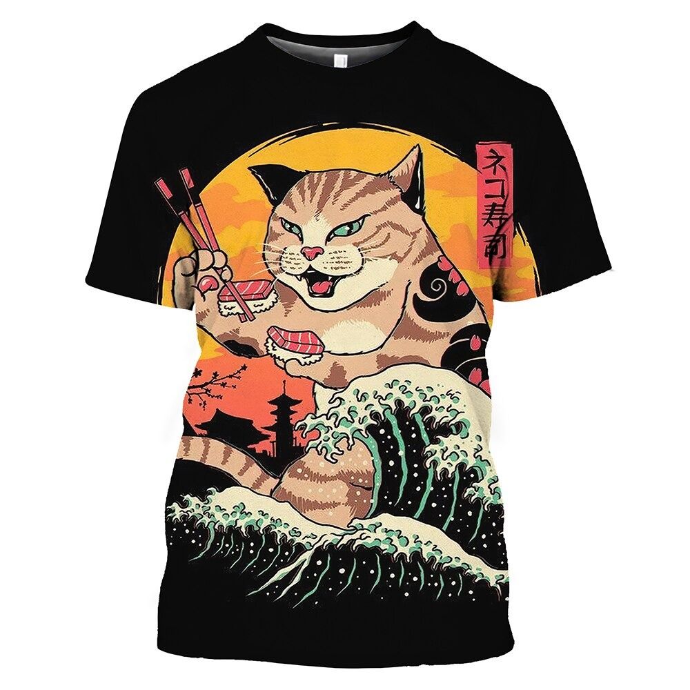 Vintage T Shirt Men 2022 Japanese Style Short Sleeve Tops 3D Cat Tattoo Print O neck T shirts Oversized Tee Shirt Men Clothing Carousell
