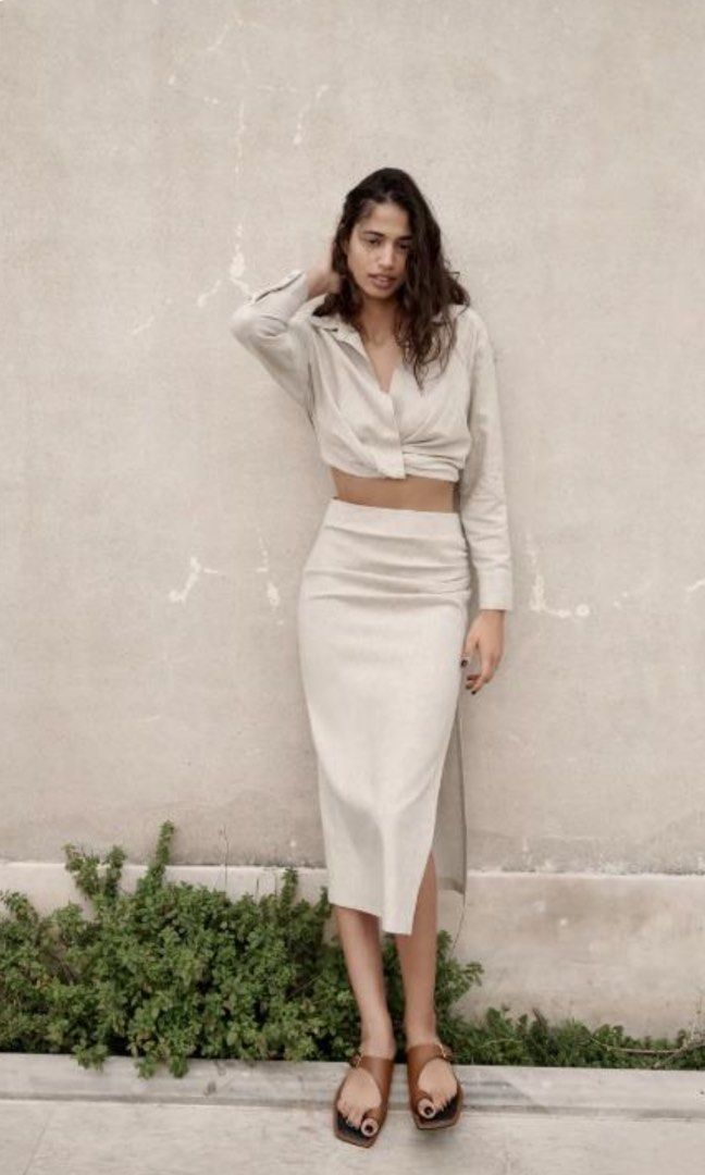 Zara asymmetrical white viscose linen button midi skirt