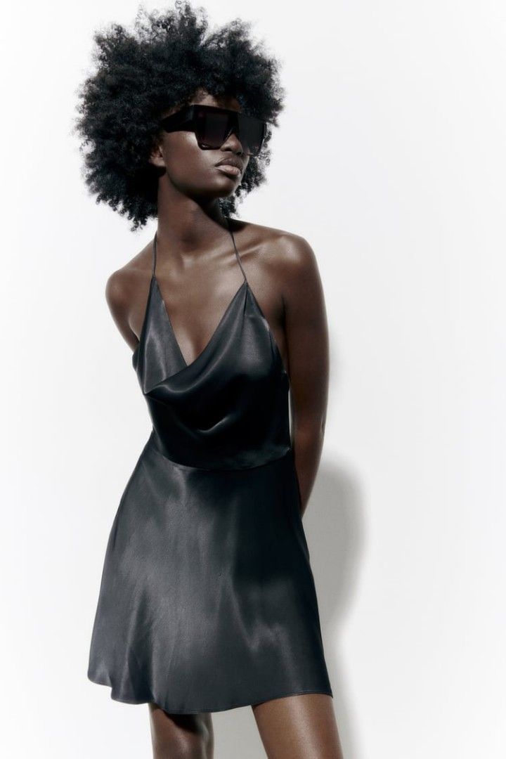 Black Satin Backless Mini Slip Dress | SilkFred