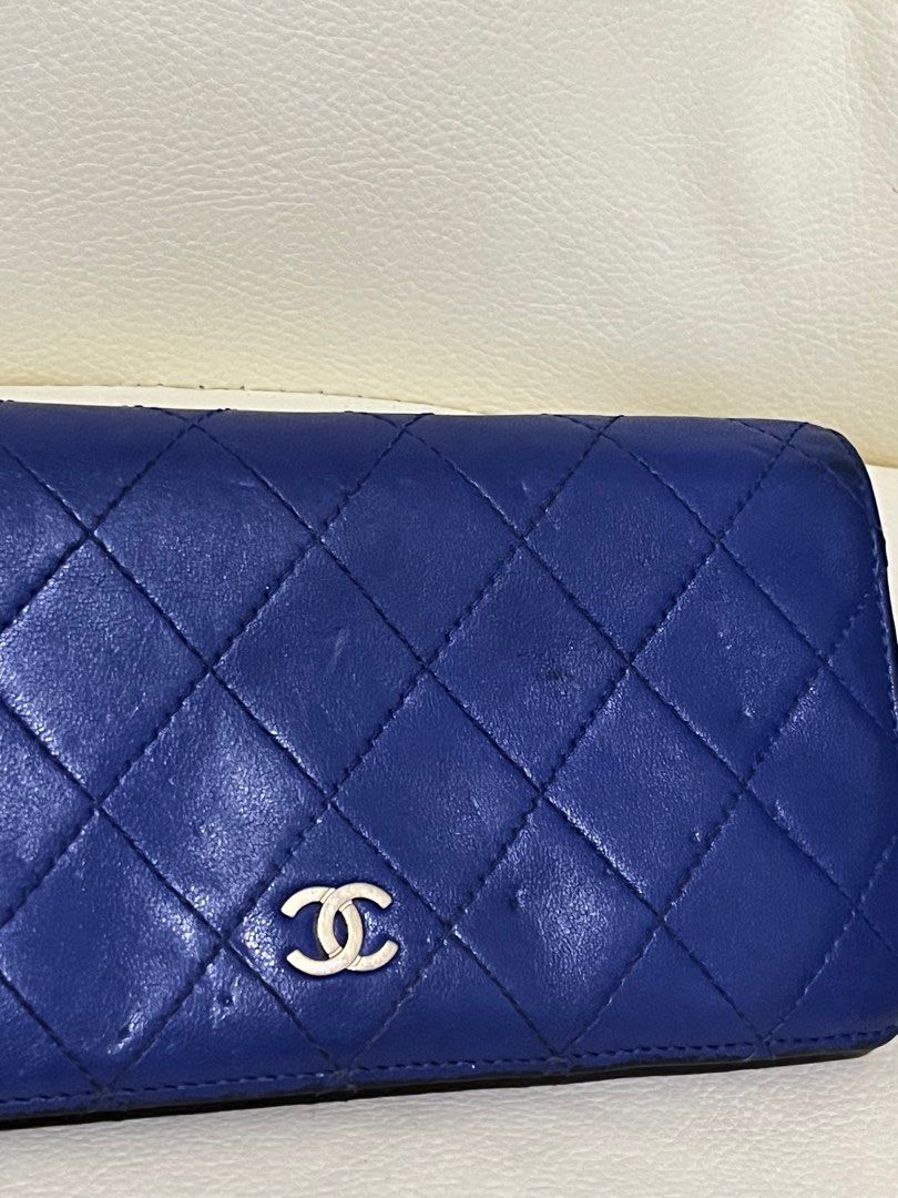 100 Authentic Chanel Blue Quilted Leather Yen Bifold Long Wallet on
