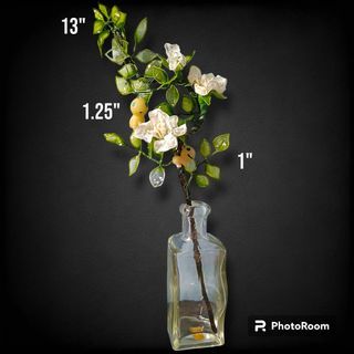 13" Vintage Flower Branch in Clear Bottle Vase with 2pcs Glow-in-the-Dark Miniature Kodama
