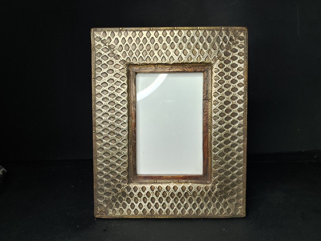 Antique Pewter with Brass Lining Photo Frame (Category: Frames & Pictures) located in Manila. Submitted by peebeees (Listing ID 1250375256, Image 1). Description: 10"x8" frame size wooden frame covered with Debossed pewter and Brass inlaid lining 4"x6" photo size.