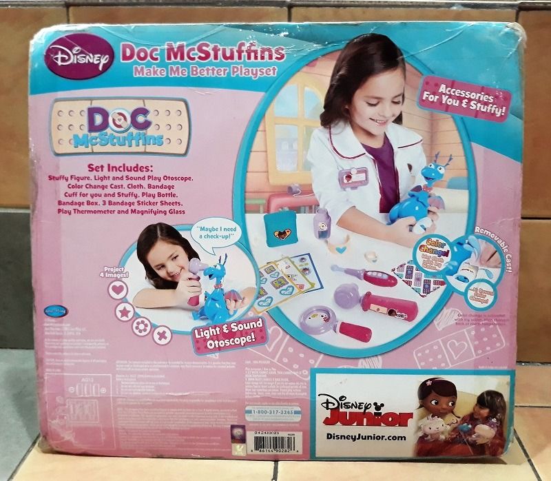 Authentic Disney DOC McSTUFFINS PHILBERT Make Me Better Playset (Category: Kids Toys) located in Quezon City. Submitted by charliebrown_olx (Listing ID 1250332681, Image 2). Description: Set includes an articulated figure, as well an interactive tool w/ lights & sounds. When their patient get a big boo-boo, kids can take the ouches away w/ a removable color-change cast, which has special designs only revealed by using cold water! r Classification