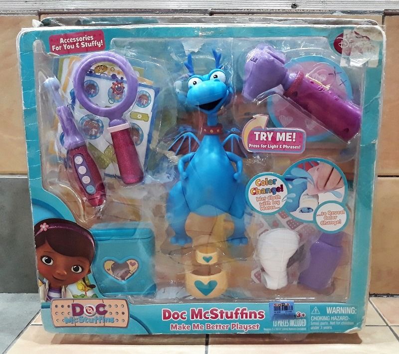Authentic Disney DOC McSTUFFINS PHILBERT Make Me Better Playset (Category: Kids Toys) located in Quezon City. Submitted by charliebrown_olx (Listing ID 1250332681, Image 1). Description: Set includes an articulated figure, as well an interactive tool w/ lights & sounds. When their patient get a big boo-boo, kids can take the ouches away w/ a removable color-change cast, which has special designs only revealed by using cold water! r Classification