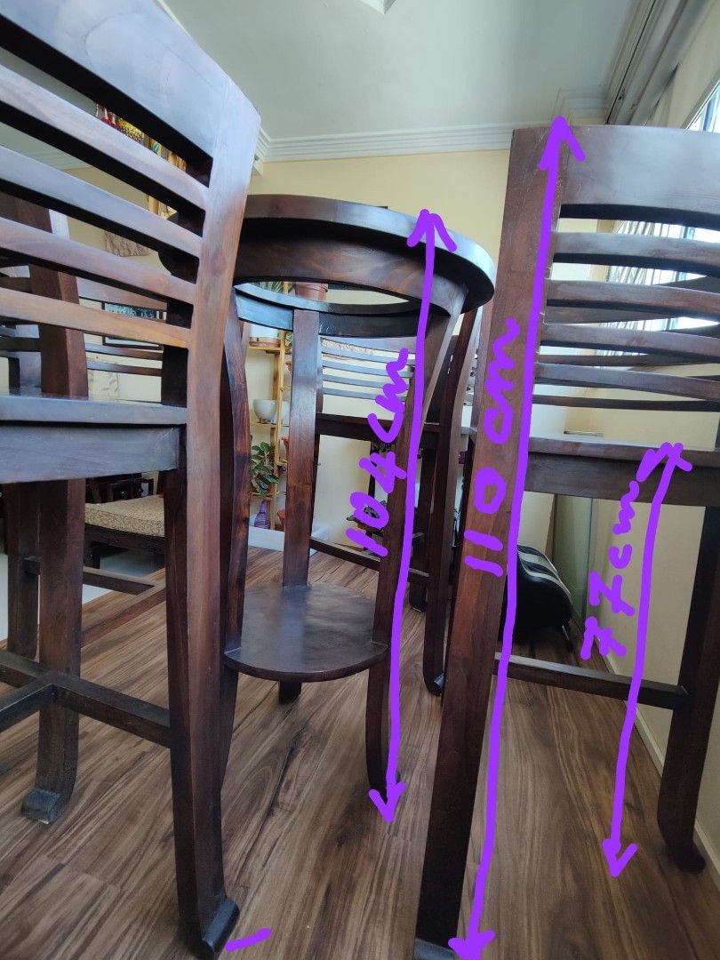 Authentic Teak Wood Bar Table (x1) and High Chairs (x4), Furniture