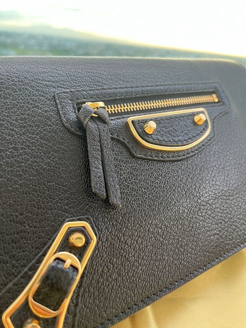 Balenciaga Black Ch vre Leather Metallic Edge Chain Wallet