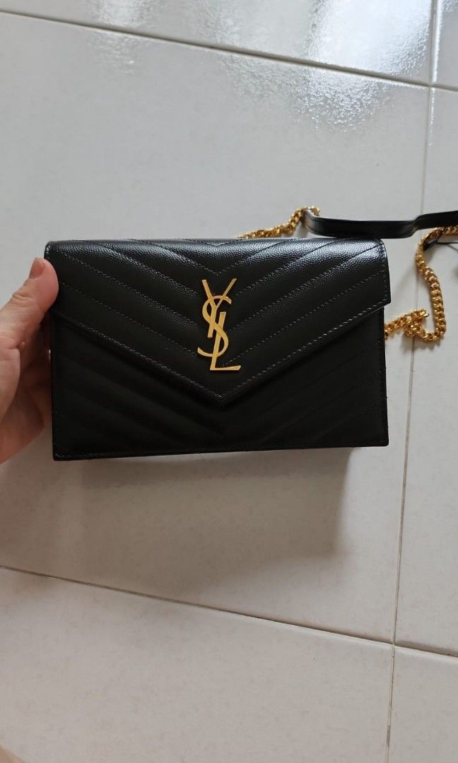 YSL CASSANDRE MATELASSÉ CHAIN WALLET IN GRAIN DE POUDRE EMBOSSED LEATHER  (GOLD HARDWARE), Luxury, Bags & Wallets on Carousell