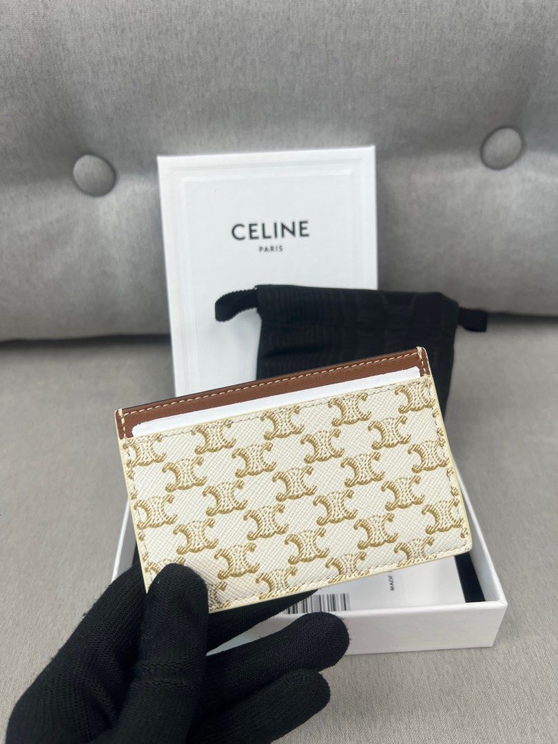 Celine Card Holder in Triomphe Canvas with Celine Print White Tan  10B702CLY-01TA