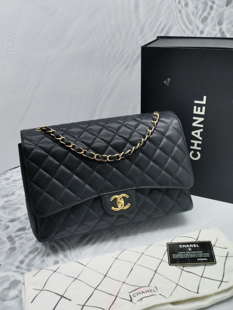 CHANEL CLASSIC MAXI DOUBLE FLAP BAG CAVIAR LEATHER GHW -FULL SET