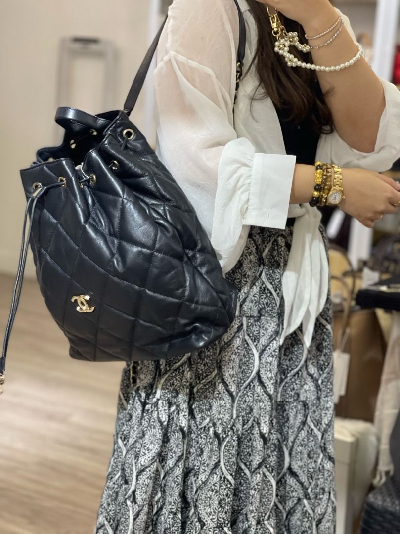 Chanel Black Canvas Drawstring Bucket Bag Chanel