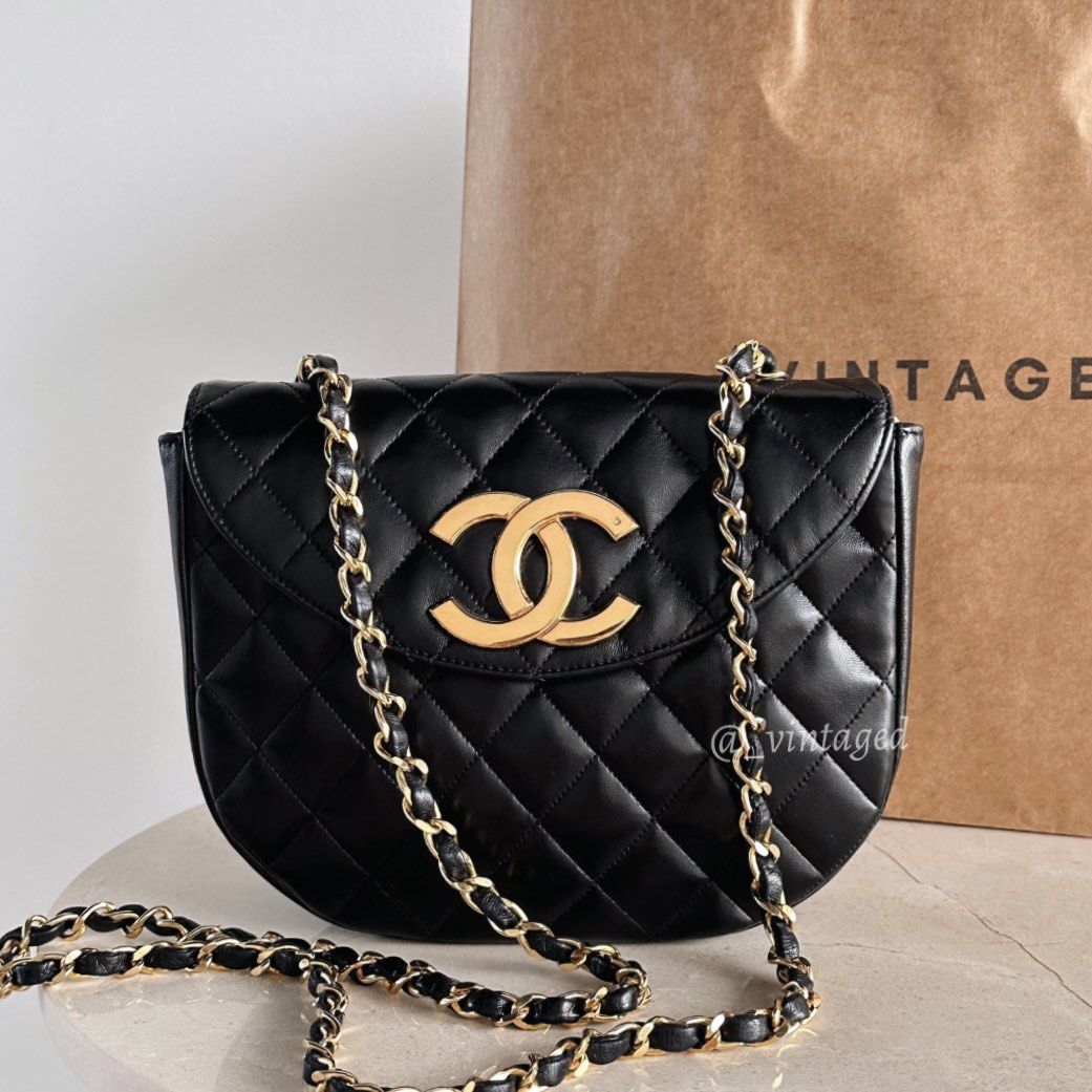 Chanel Vintage Quilted Crescent Flap Bag XL CC Logo in Black Lambskin 24k  GHW
