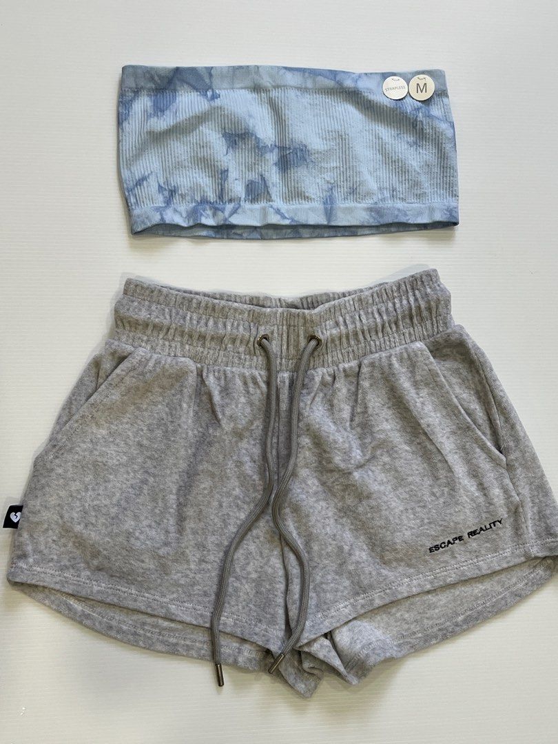 Cotton on tie dye blue tube crop top Bershka grey velvet booty shorts