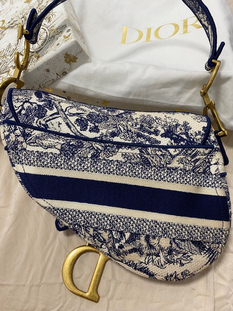 Dior Saddle Bag Blue Toile de Jouy Embroidery, Luxury, Bags & Wallets