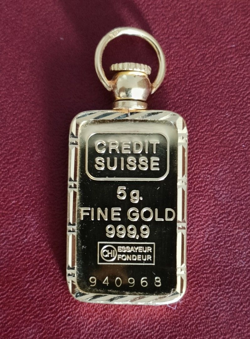 Elegant And Outstanding Credit Suisse 5gm Solid Pure Gold Bar Pendant with Gold Frame A NEW UNUSED MINT Pendant