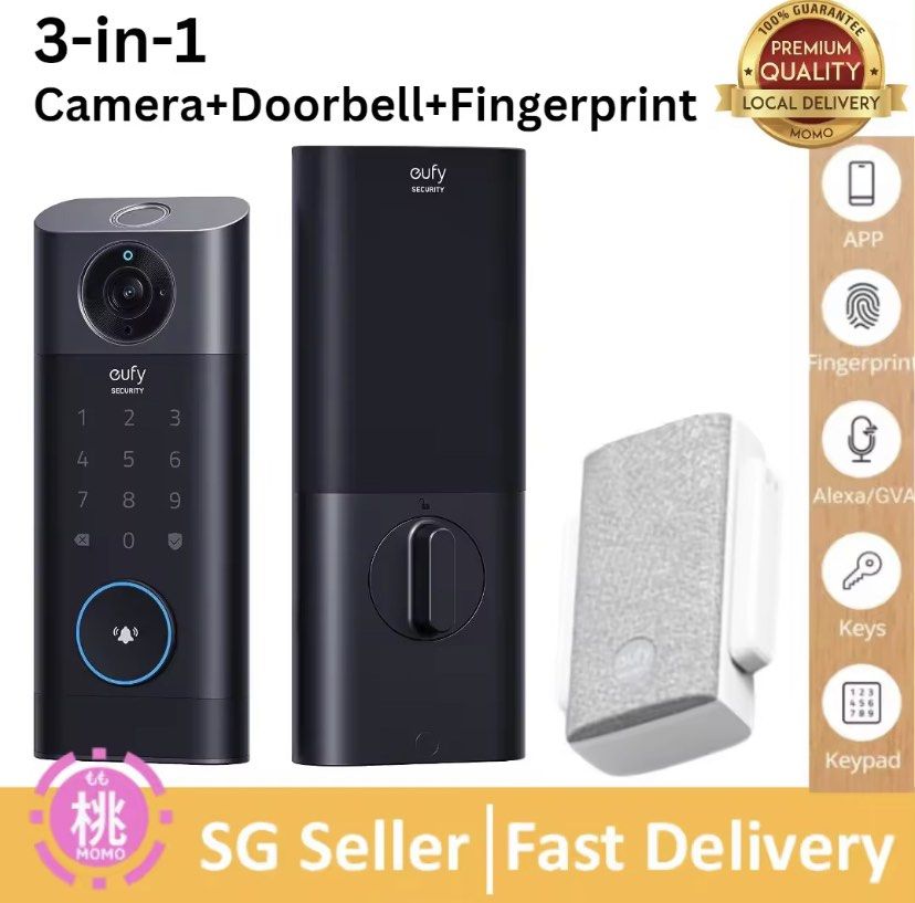 eufy Security Video Smart Lock S330, Chime Included, 3-in-1  Camera+Doorbell+Fingerprint Keyless Entry,BHMA, WiFi Door Lock,App Remote  Control,2K HD,No