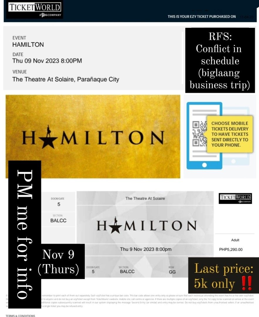 Hamilton Manila Nov 9 2023 Tickets Vouchers Event Tickets