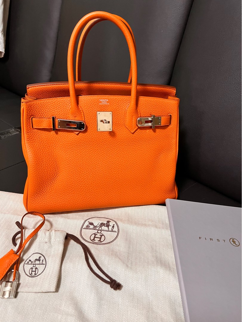 HERMES PARIS Birkin 35 Orange Togo Stamp R Year 2014 Squared Bag Authentic