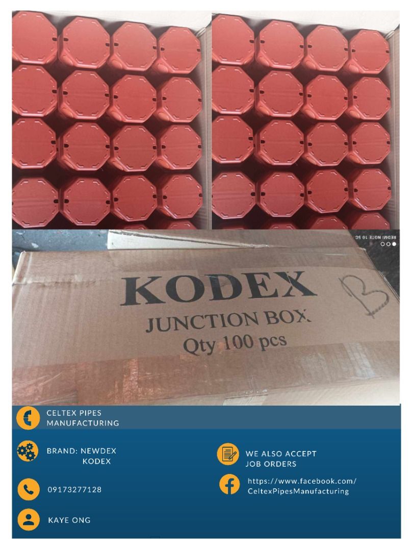 Junction Box Class B (KODEX) Php2,200 1 box, 100pcs (Category: Construction & Building Materials) located in Manila. Submitted by elcanomnlfinds (Listing ID 1250249689, Image 1). Description: Junction Box Class B (KODEX) Php2,200 1 box, 100pcs Selling by box only 1 box = 100pcs 1 box = Php2,200 SF c/o buyer: Gogo Express, Grab, Lalamove, Angkas MOP: Gcash Location: Valenzuela SMS / Viber : 09173277128 Strictly no calls. PM or SMS only. .