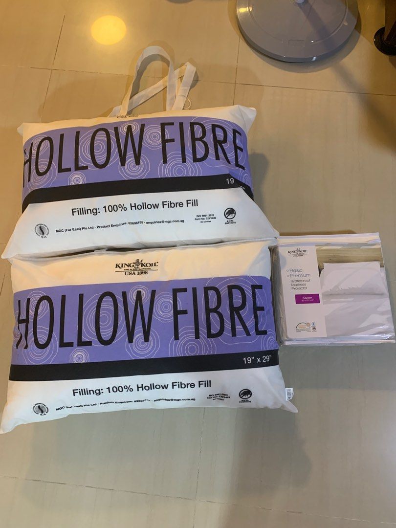 2 King Koil Pillows. 1 King Koil mattress protector (Queen)., Furniture