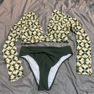 Long Sleeves Cropped Swimsuit Bikini Rashguard - Green