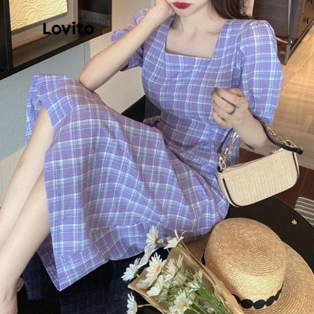 Lovito Casual Plaid Square Neck Short Puff Sleeves Flared Midi