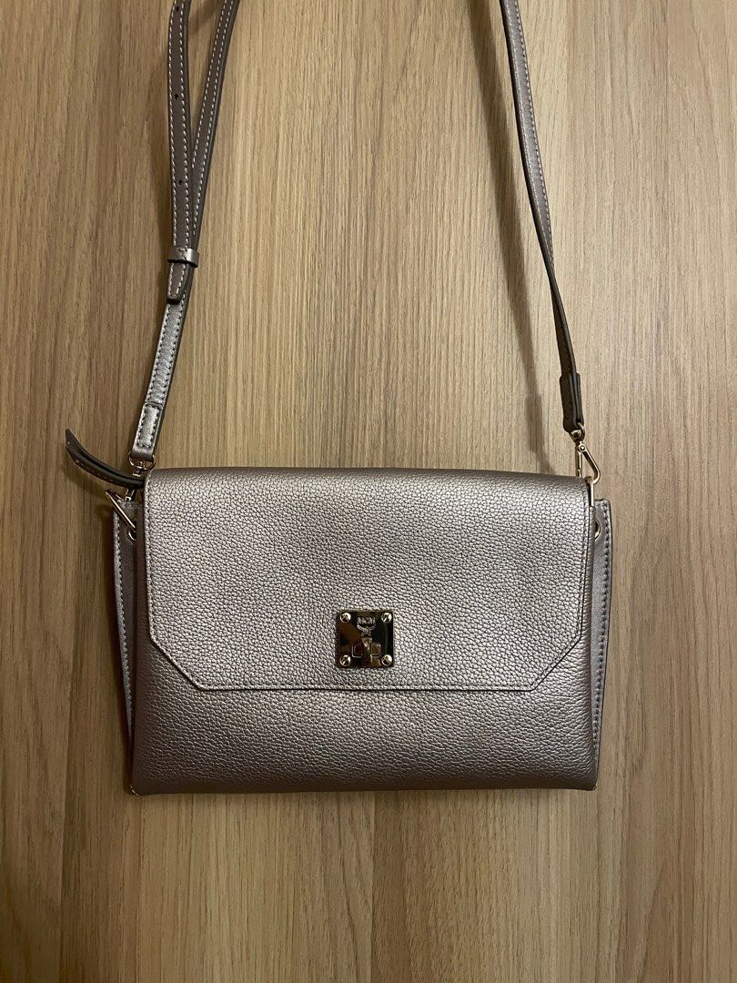 MCM Milla Silver Metallic Leather Crossbody Shoulder Bag Clutch