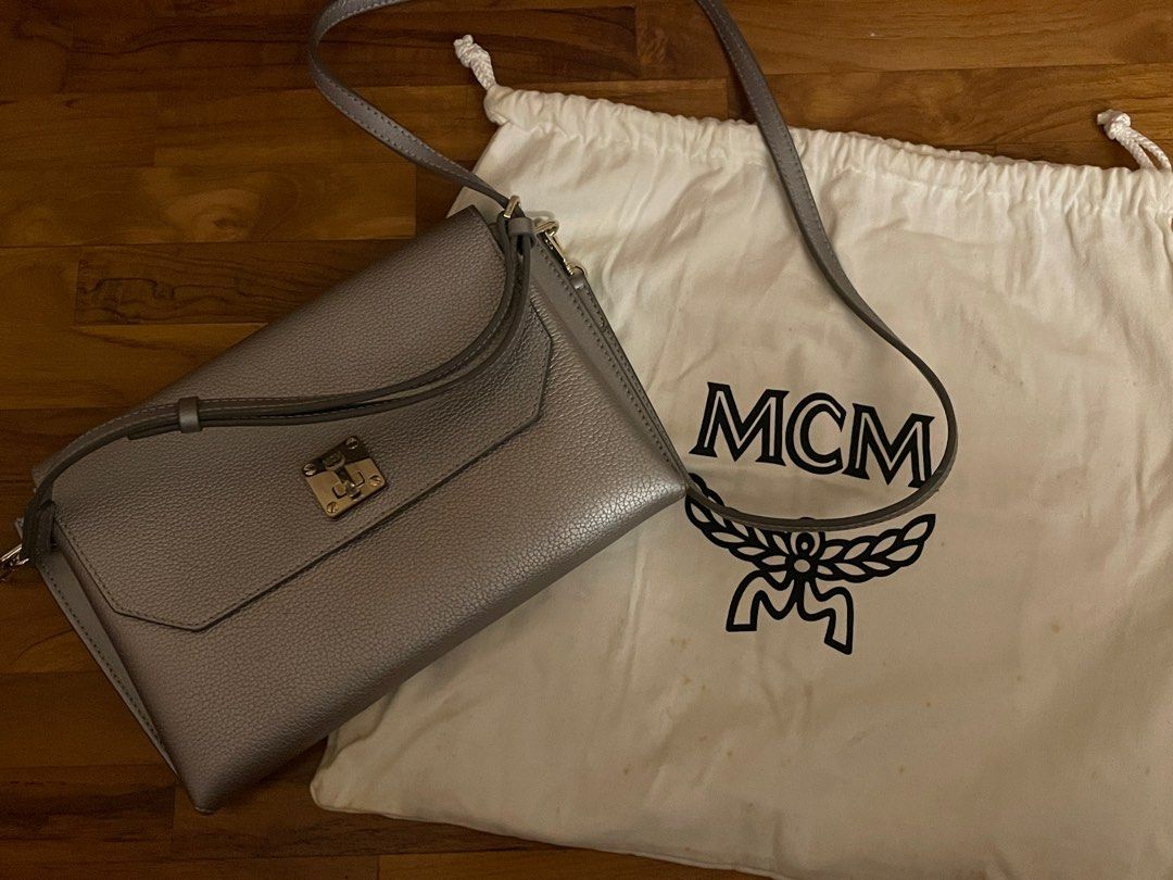 MCM Milla Silver Metallic Leather Crossbody Shoulder Bag Clutch