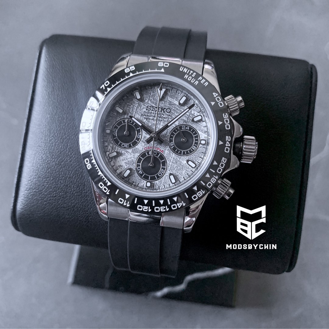 Mod Seiko Cosmograph Daytona Meteorite Black Silver Men s