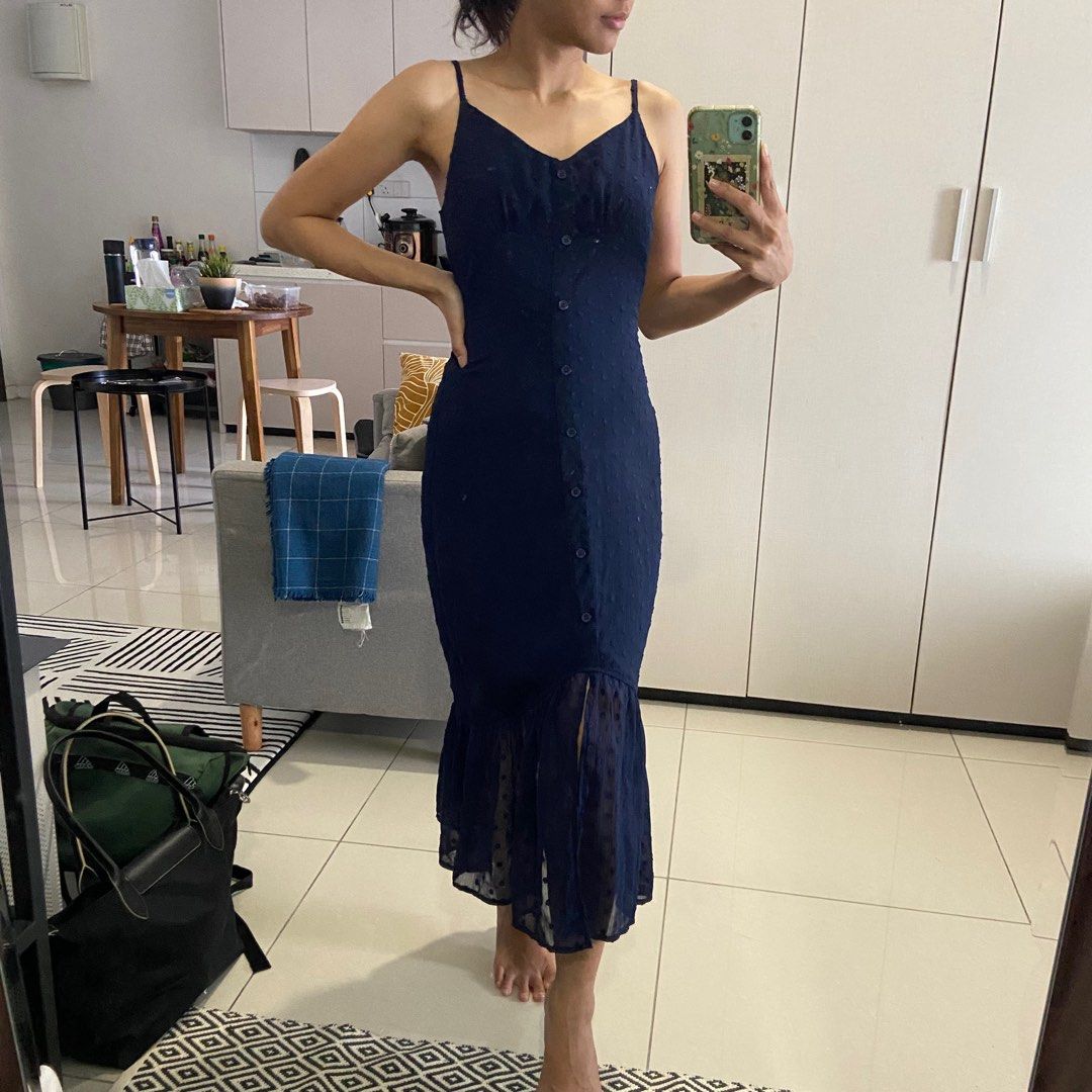 Navy Mgp label swisse dot dress midi fishtail mermaid Women s